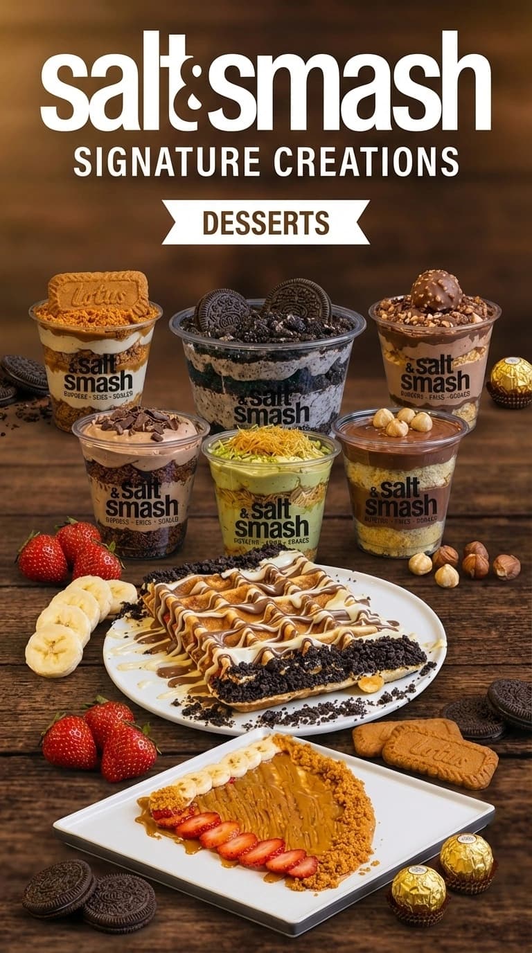 Salt & Smash Desserts – Selection of chocolate waffles, strawberry crepes, and layered dessert cups with Ferrero Rocher and pistachio flavors